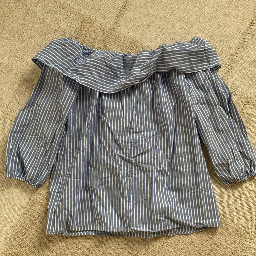 Anthropologie Pleione Off Shoulder Bow Top in Blue White Stripe - Picture 6 of 6